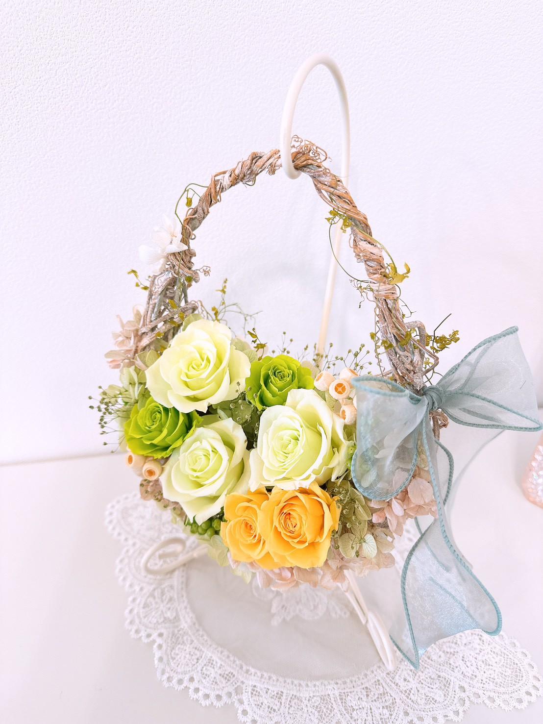 フレッシュグリーンのエッグバスケット リース イエロー 緑 黄色 母の日2026  結婚 記念日 新築 出産 長寿 祝い | 9枚目